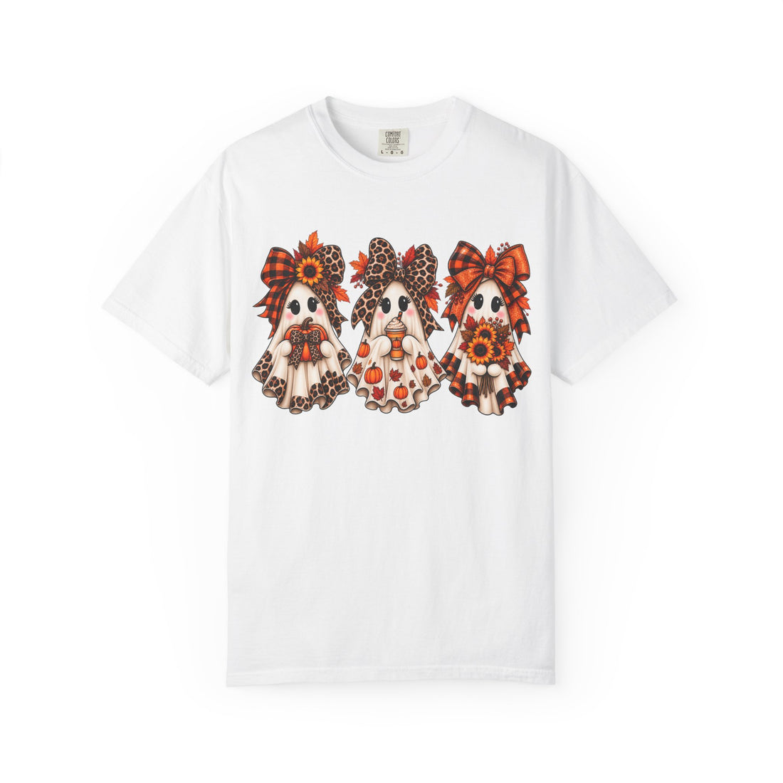 Halloween Ghost Trio T-Shirt — Fall Plaid & Leopard Dog Graphic