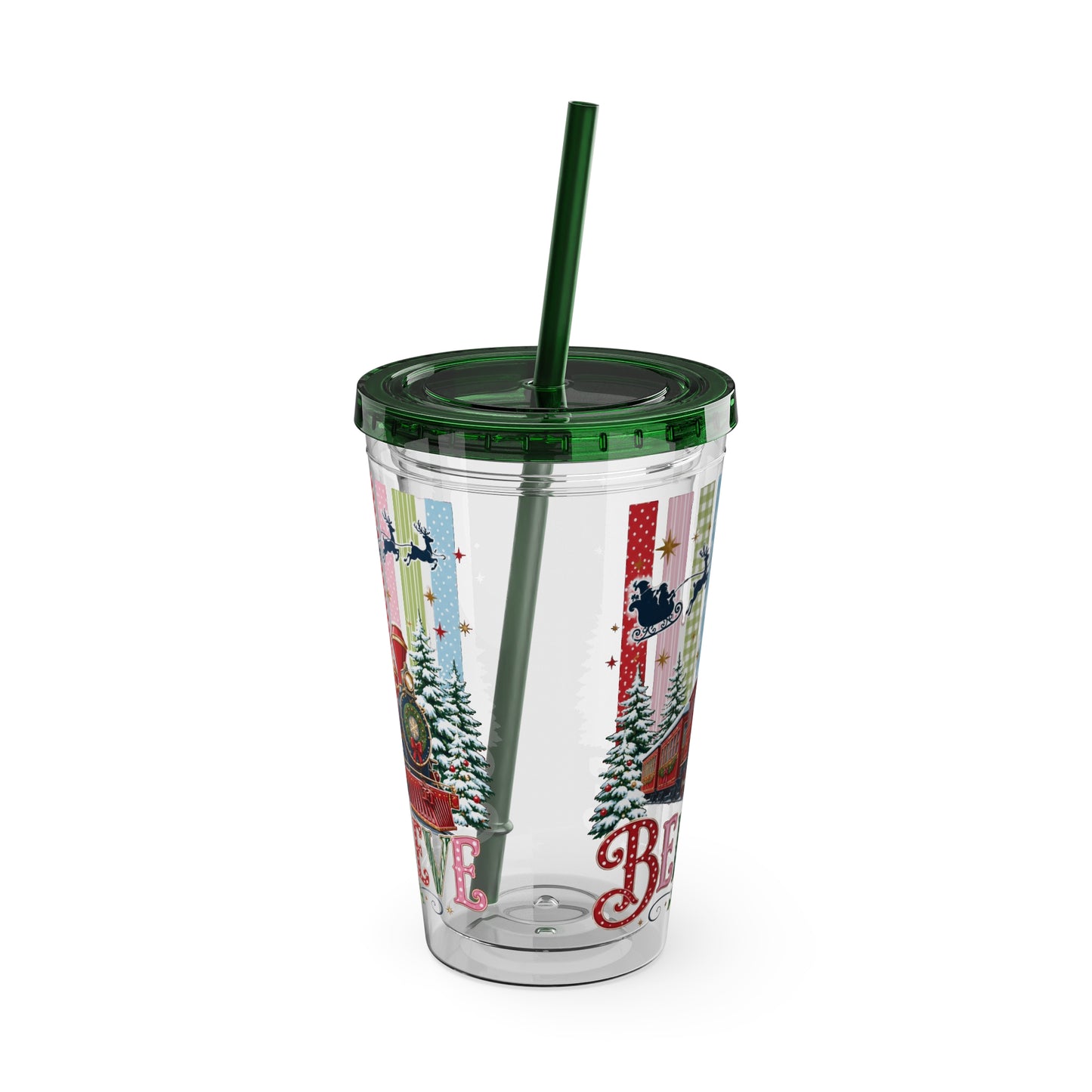 Believe Holiday Tumbler — Christmas Train 16oz Straw Cup