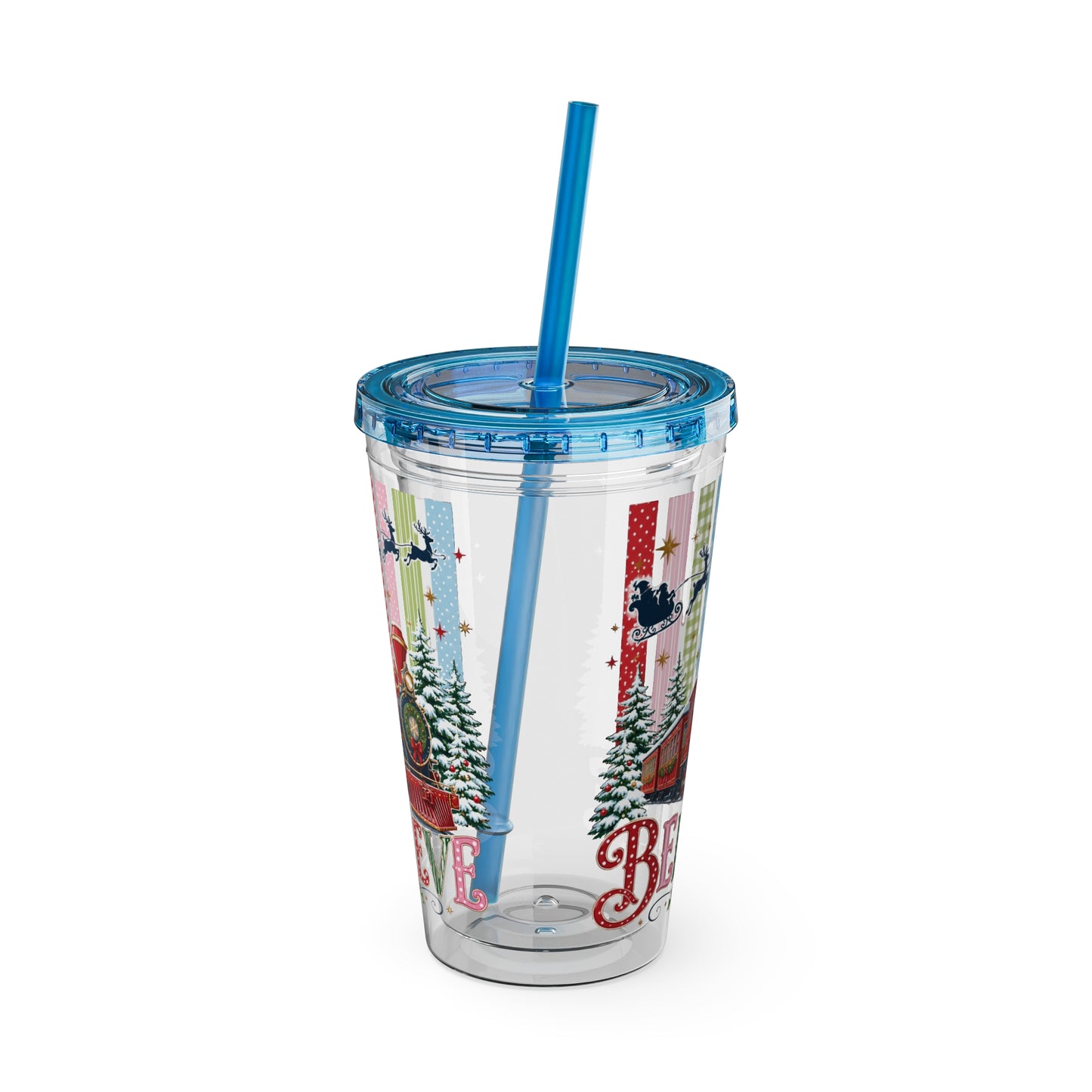 Believe Holiday Tumbler — Christmas Train 16oz Straw Cup