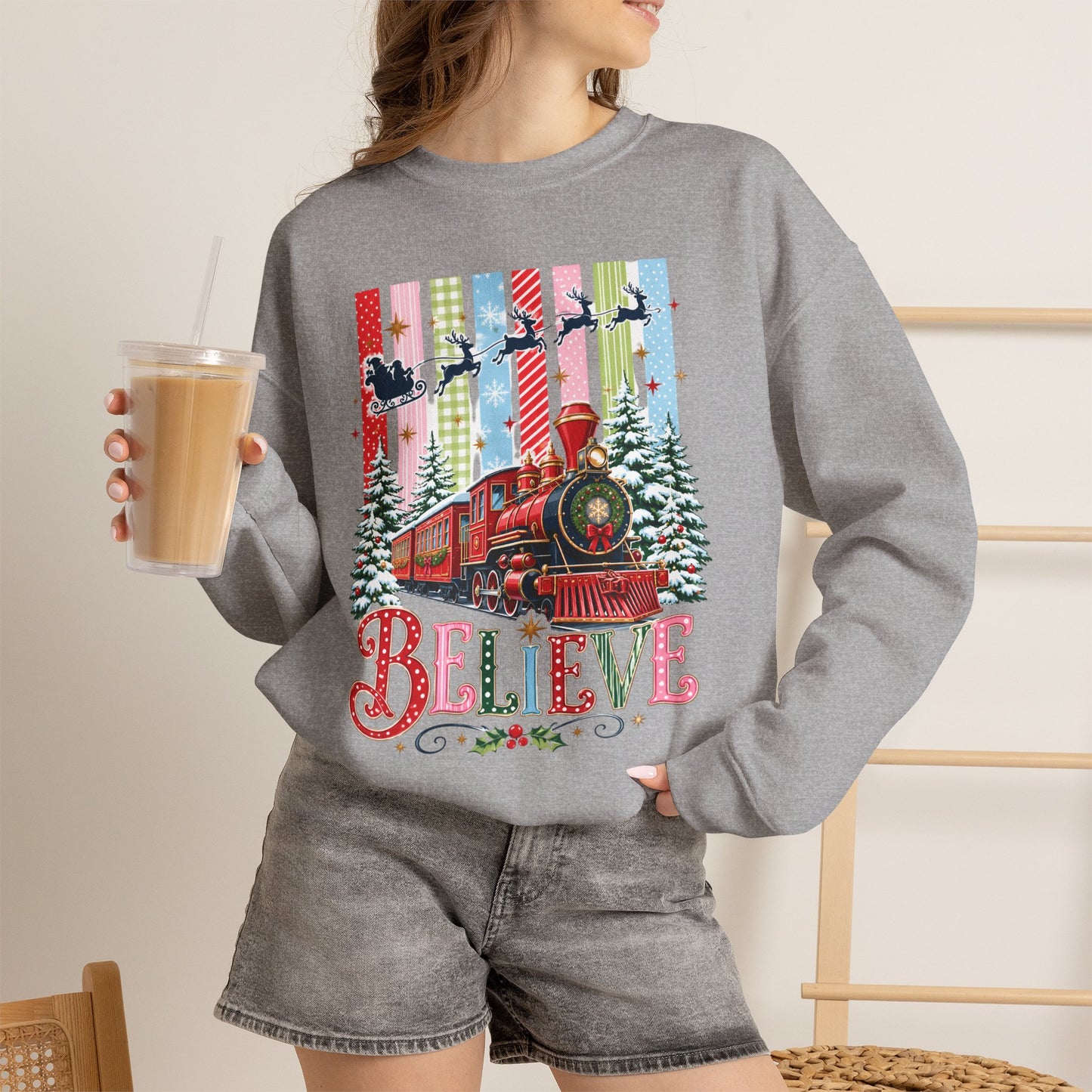 Believe Christmas Crewneck Sweatshirt — Vintage Holiday Train & Santa Silhouette