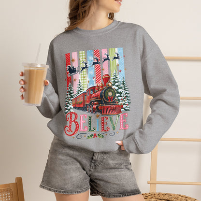 Believe Christmas Crewneck Sweatshirt — Vintage Holiday Train & Santa Silhouette