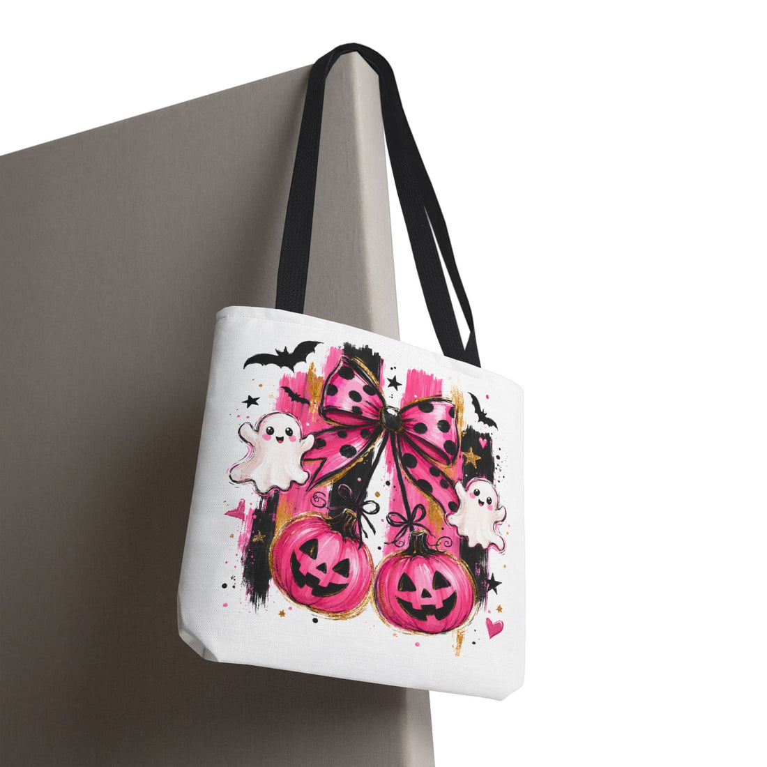 Halloween Pink Bow Tote Bag — Cute Ghosts & Jack-o'-Lanterns AOP