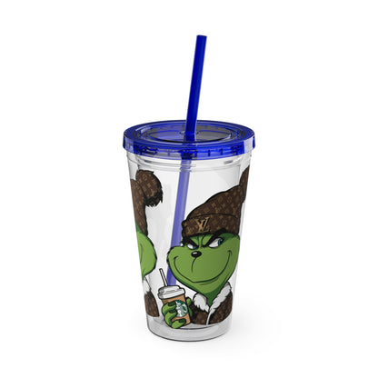16oz Tumbler — Grinch in Designer Beanie Clear Straw Cup