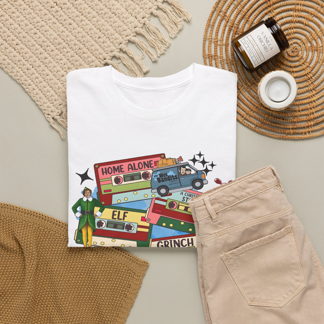 Retro Graphic Tee Holiday Movie Stack T-Shirt — Elf, Grinch & Classic Christmas Cars