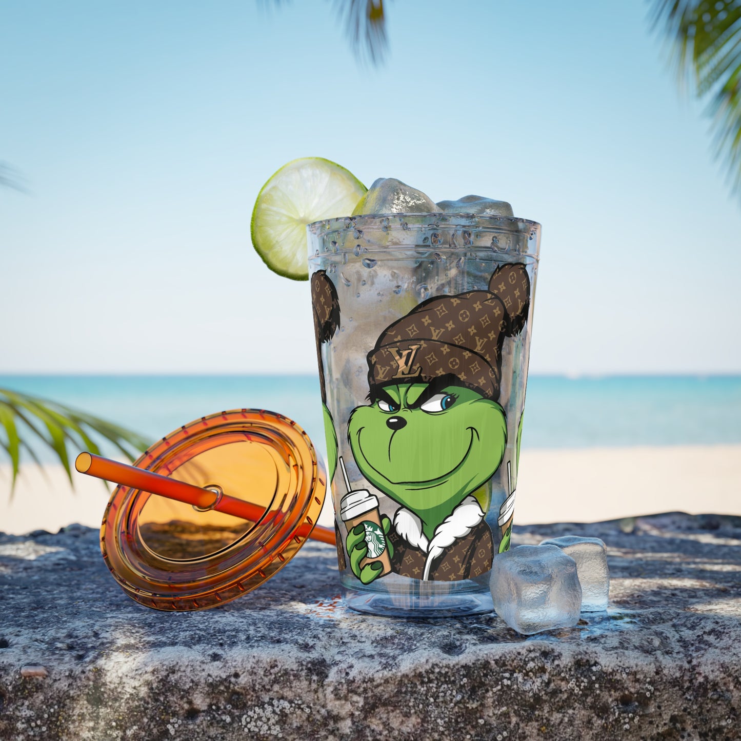 16oz Tumbler — Grinch in Designer Beanie Clear Straw Cup