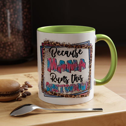 Mama Runs This Shitshow Accent Coffee Mug — Leopard & Watercolor Mom Gift (11/15oz)