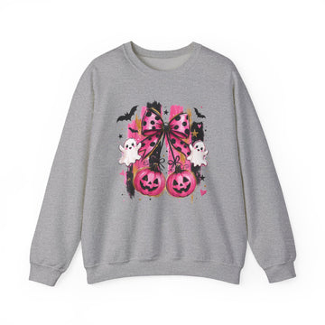Halloween Pink Pumpkin Crewneck Sweatshirt — Cute Ghosts & Bow Graphic