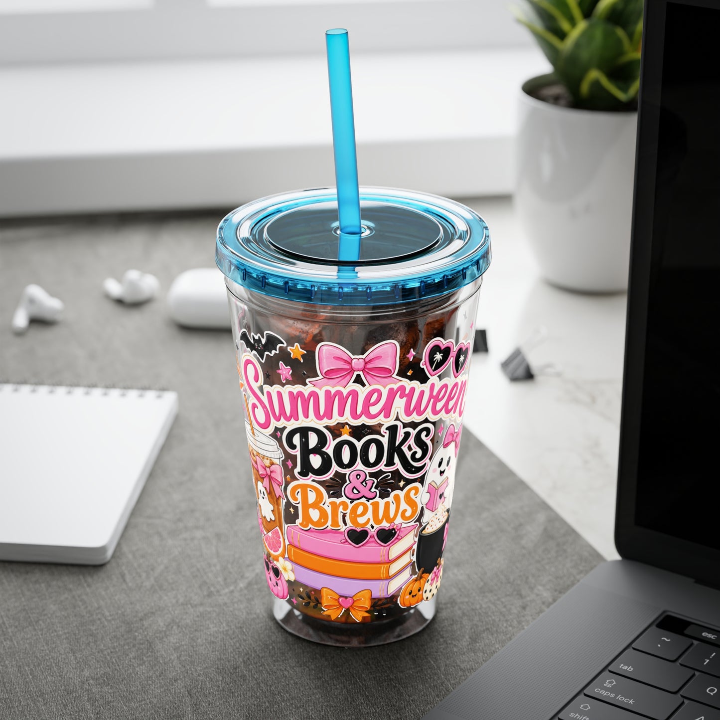 Summerween Books & Brews Tumbler — 16oz Straw Cup for Book Lovers
