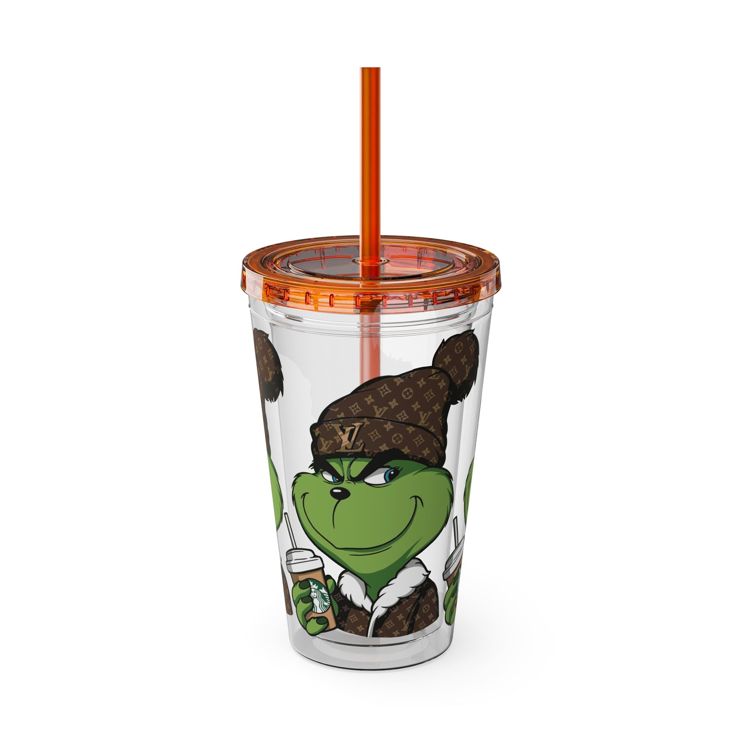 16oz Tumbler — Grinch in Designer Beanie Clear Straw Cup
