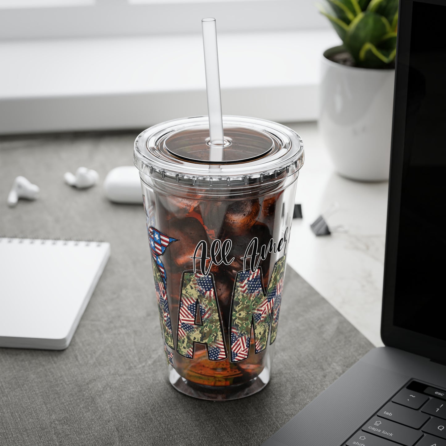 Patriotic Mama 16oz Tumbler with Straw — All American Floral Flag Design
