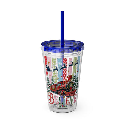 Believe Holiday Tumbler — Christmas Train 16oz Straw Cup
