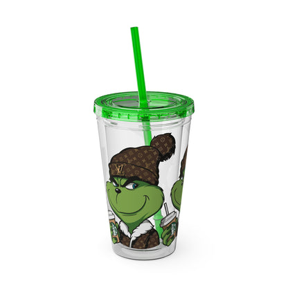 16oz Tumbler — Grinch in Designer Beanie Clear Straw Cup