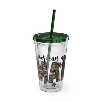 Patriotic Mama 16oz Tumbler with Straw — All American Floral Flag Design