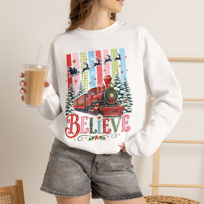 Believe Christmas Crewneck Sweatshirt — Vintage Holiday Train & Santa Silhouette