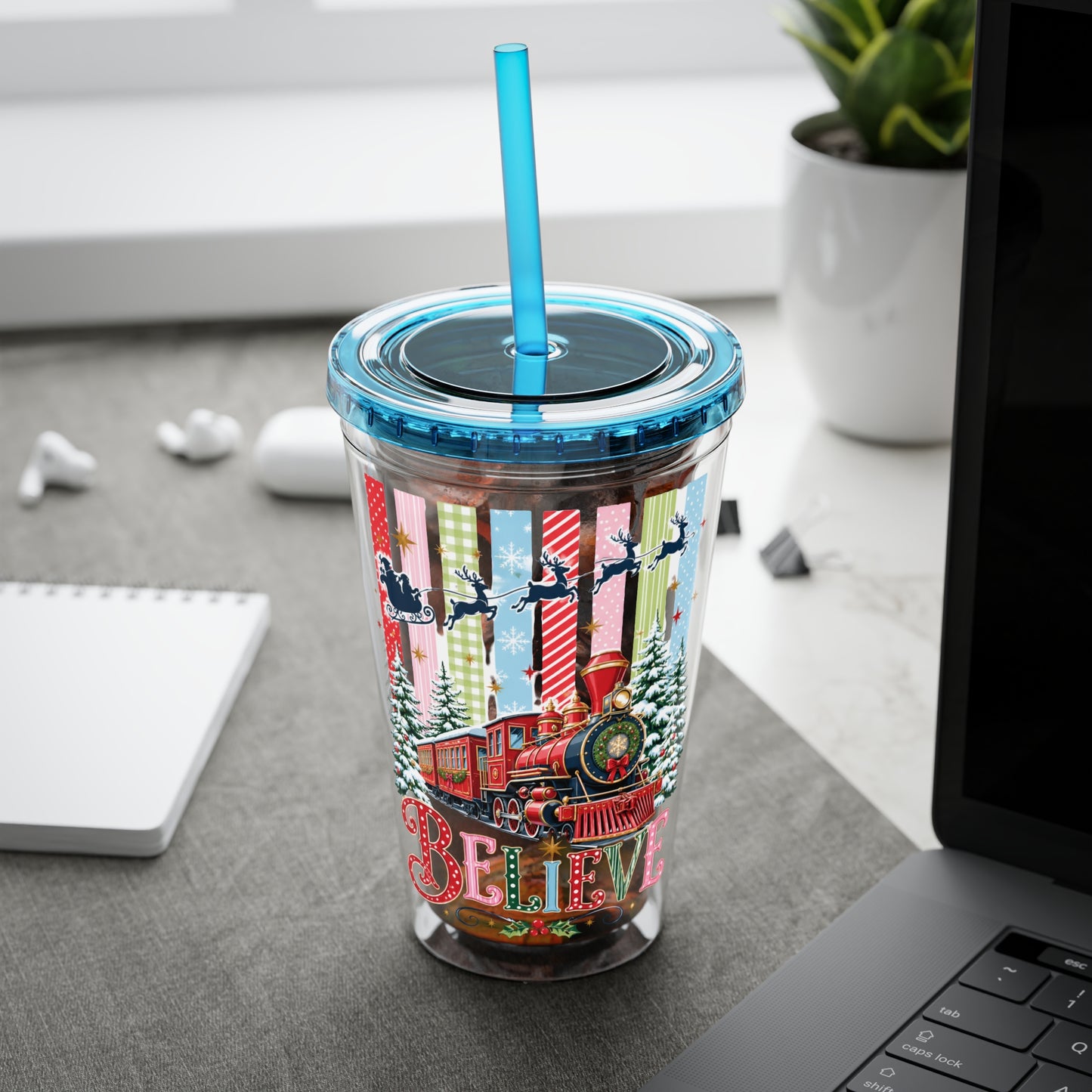 Believe Holiday Tumbler — Christmas Train 16oz Straw Cup
