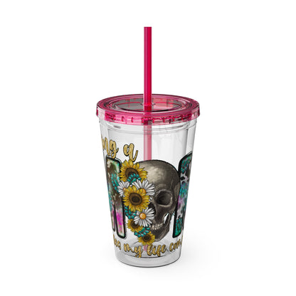 16oz Tumbler with Straw - "Being You" Floral Skull Cold Drink Cup Sunsplash Skull & Sunflower