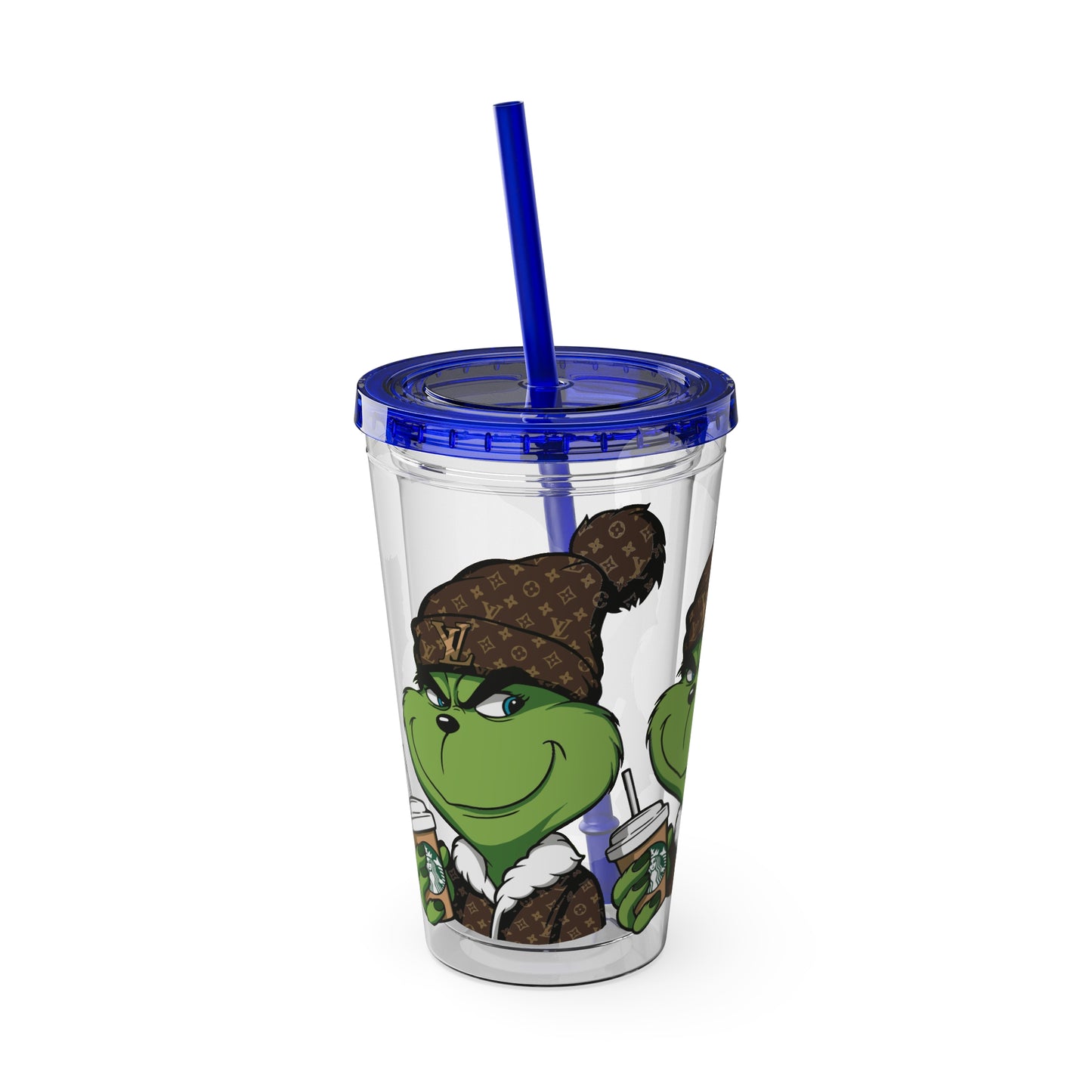 16oz Tumbler — Grinch in Designer Beanie Clear Straw Cup