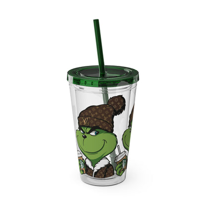 16oz Tumbler — Grinch in Designer Beanie Clear Straw Cup