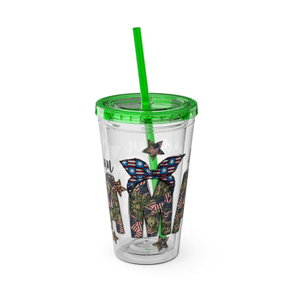 Patriotic Mama 16oz Tumbler with Straw — All American Floral Flag Design