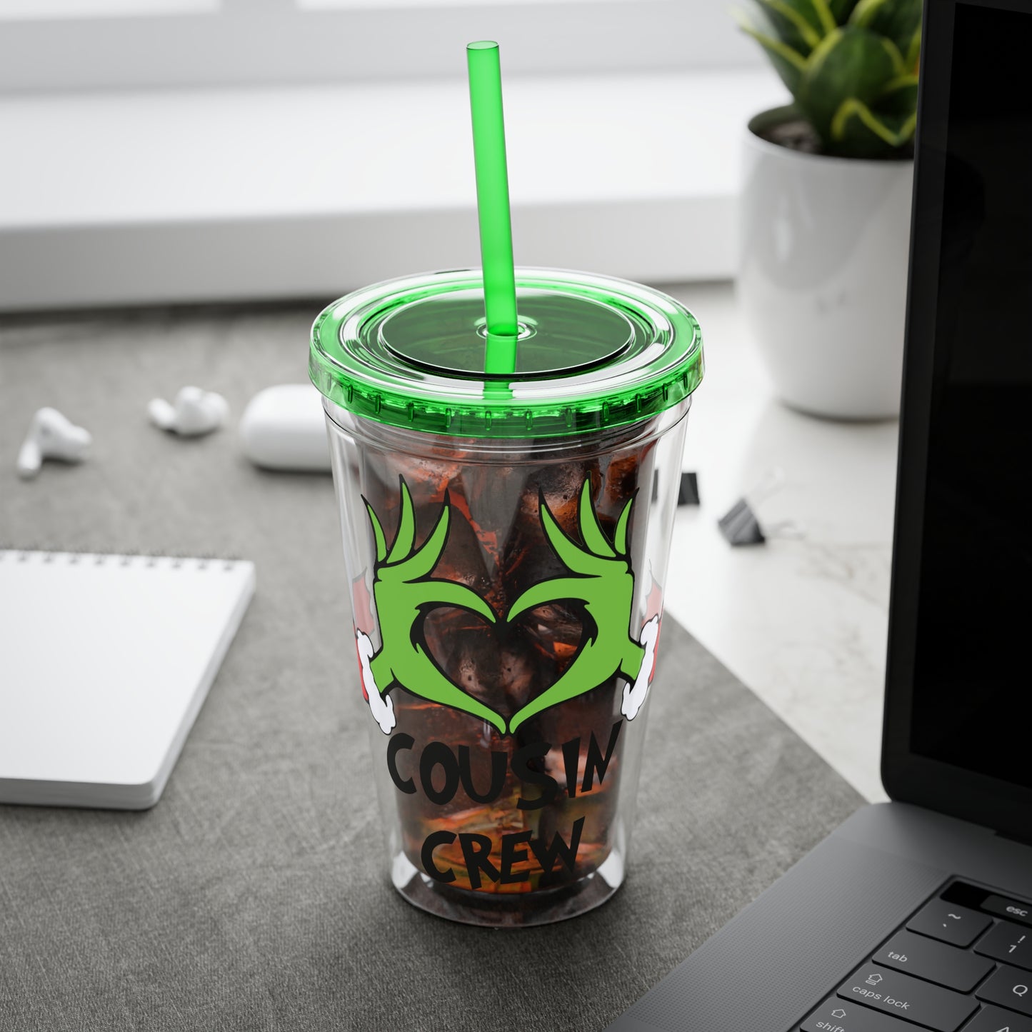Tumbler — Cousin Crew Holiday Grinch Hands 16oz Straw Cup