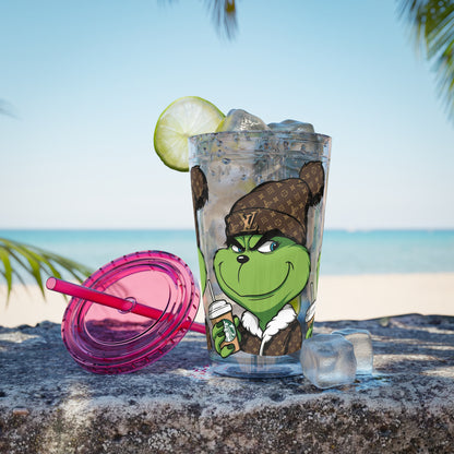 16oz Tumbler — Grinch in Designer Beanie Clear Straw Cup
