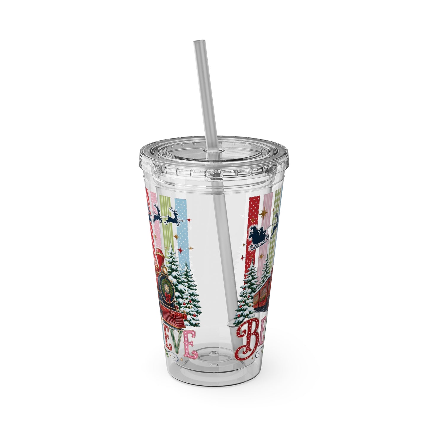 Believe Holiday Tumbler — Christmas Train 16oz Straw Cup