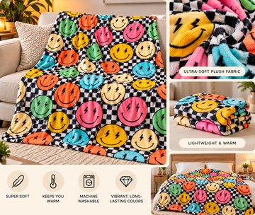 Good Vibes Smiley Checkered Blanket | Retro Cozy Throw