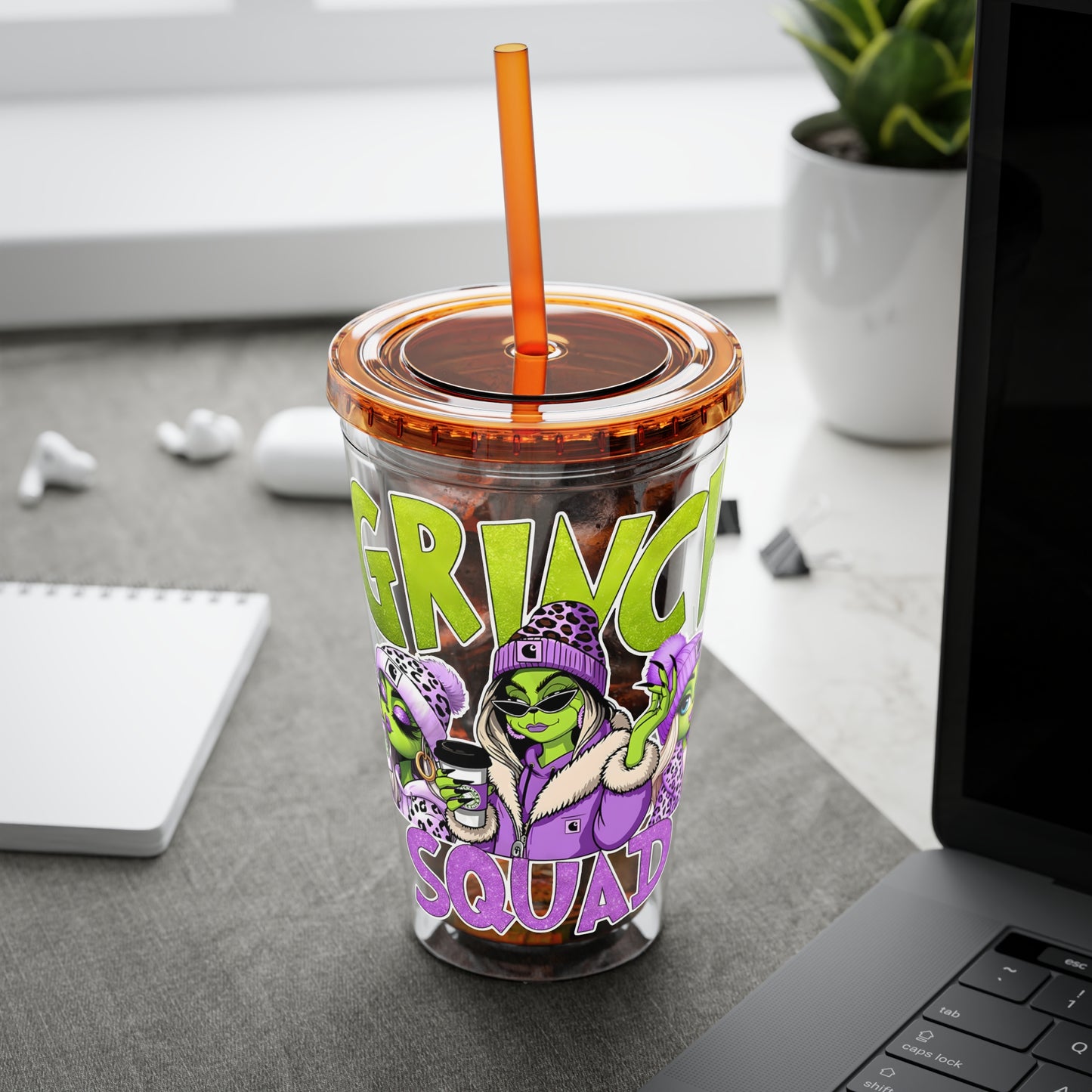 Grinch Squad 16oz Tumbler with Straw — Holiday Party Drink Cup
