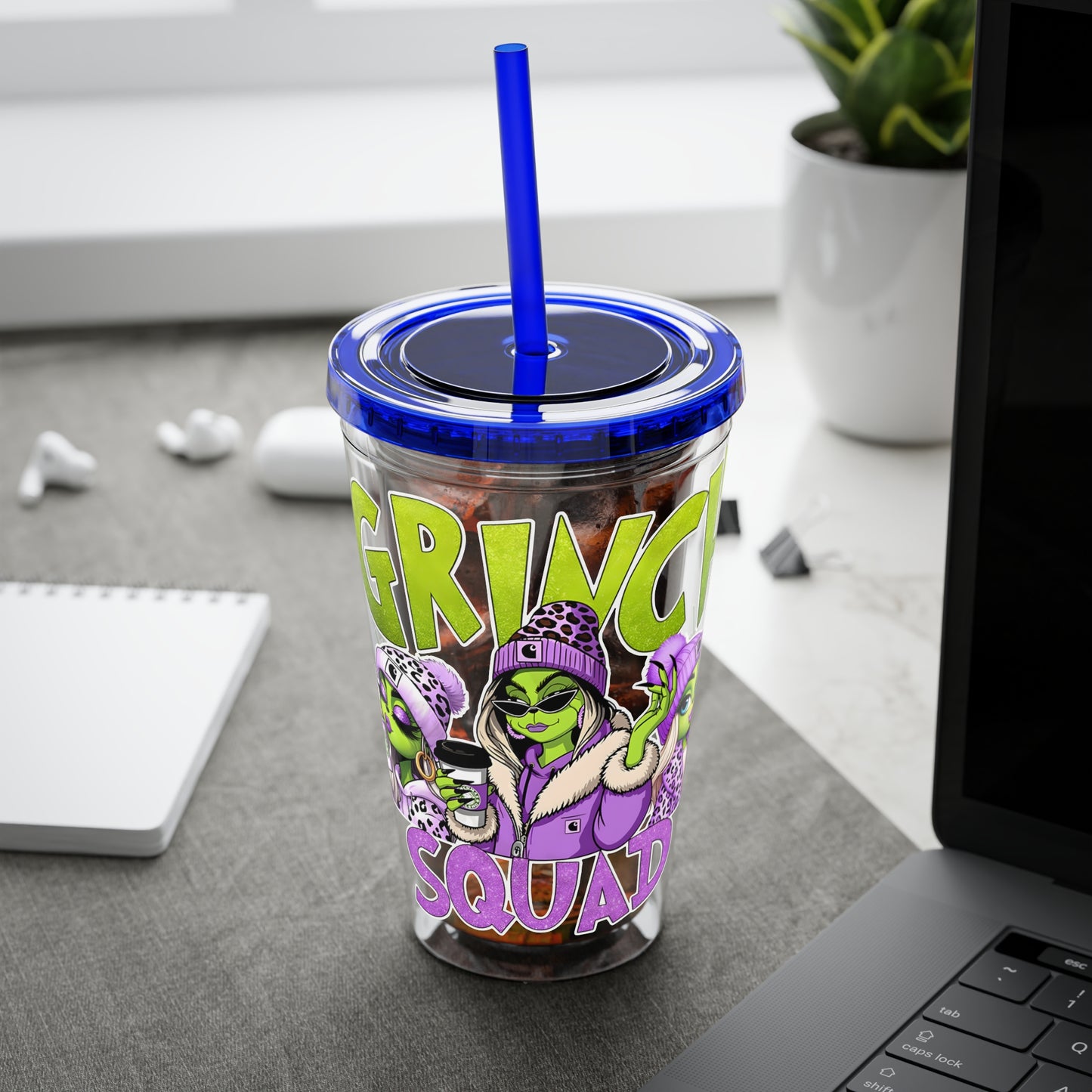 Grinch Squad 16oz Tumbler with Straw — Holiday Party Drink Cup