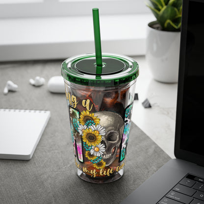 16oz Tumbler with Straw - "Being You" Floral Skull Cold Drink Cup Sunsplash Skull & Sunflower