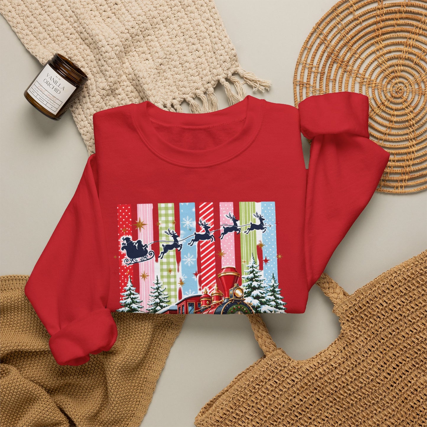 Believe Christmas Crewneck Sweatshirt — Vintage Holiday Train & Santa Silhouette