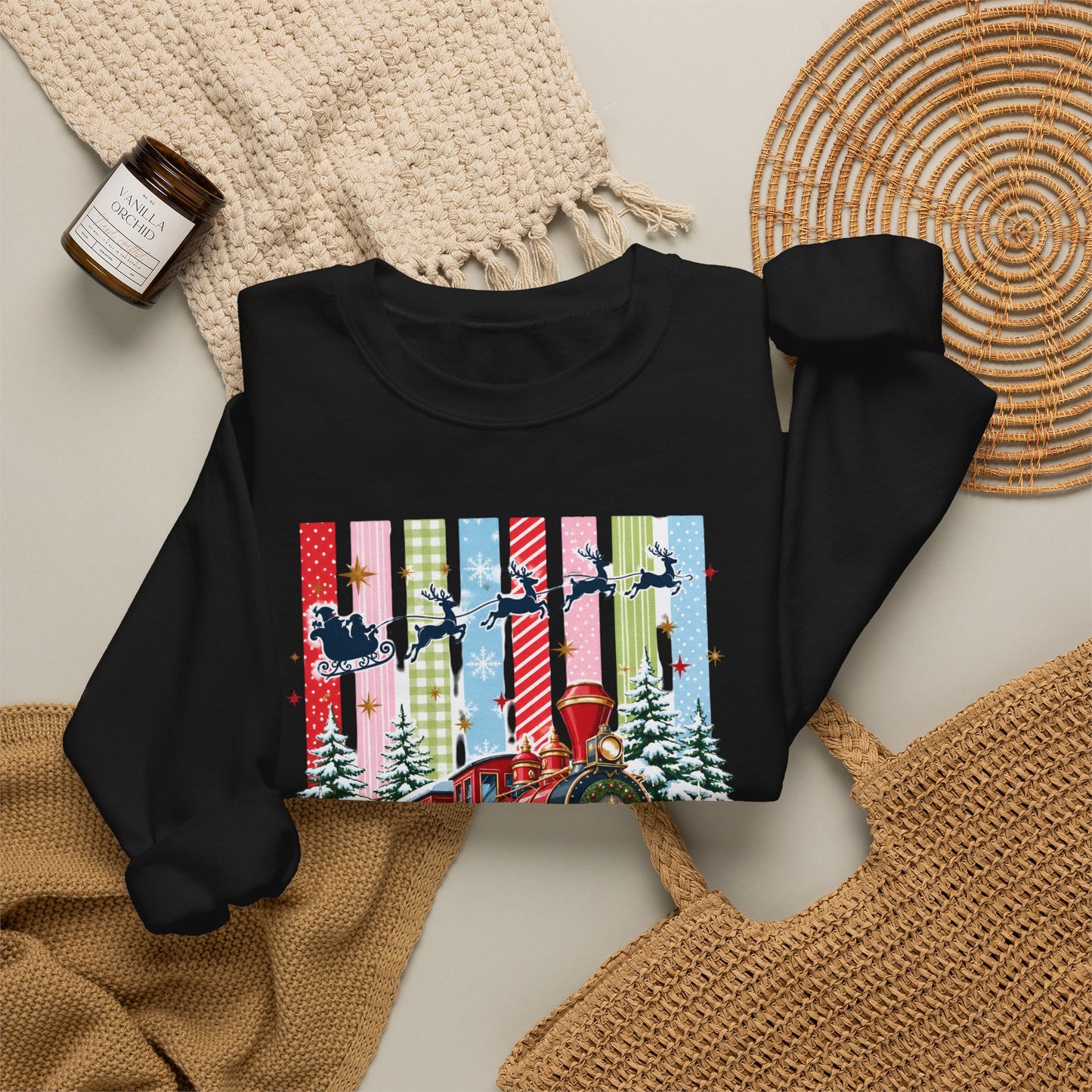 Believe Christmas Crewneck Sweatshirt — Vintage Holiday Train & Santa Silhouette
