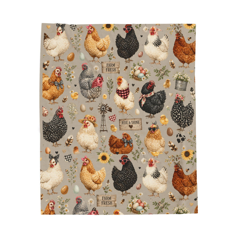 Chicken Farm Velveteen Plush Blanket — Farm Fresh Rooster & Hen Pattern