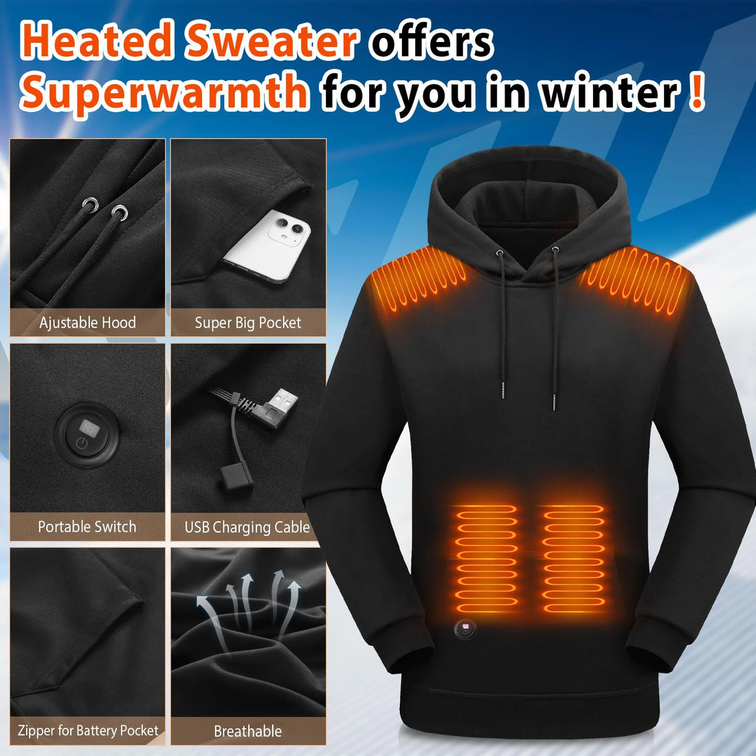 11-Zone Heated Hoodie | 3-Temperature Winter Pullover